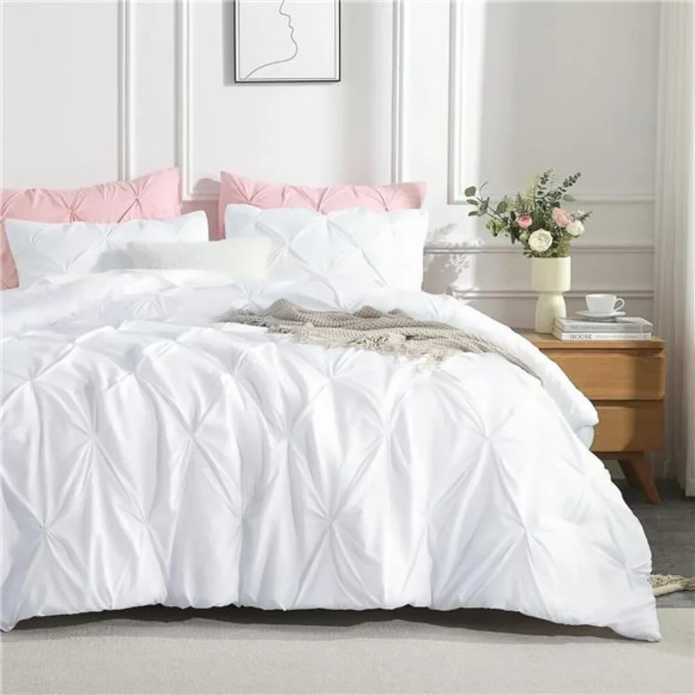 White Queen Comforter Set(90x90Inch),3 Pieces Cute Pinch Pleat Bedding Comforter